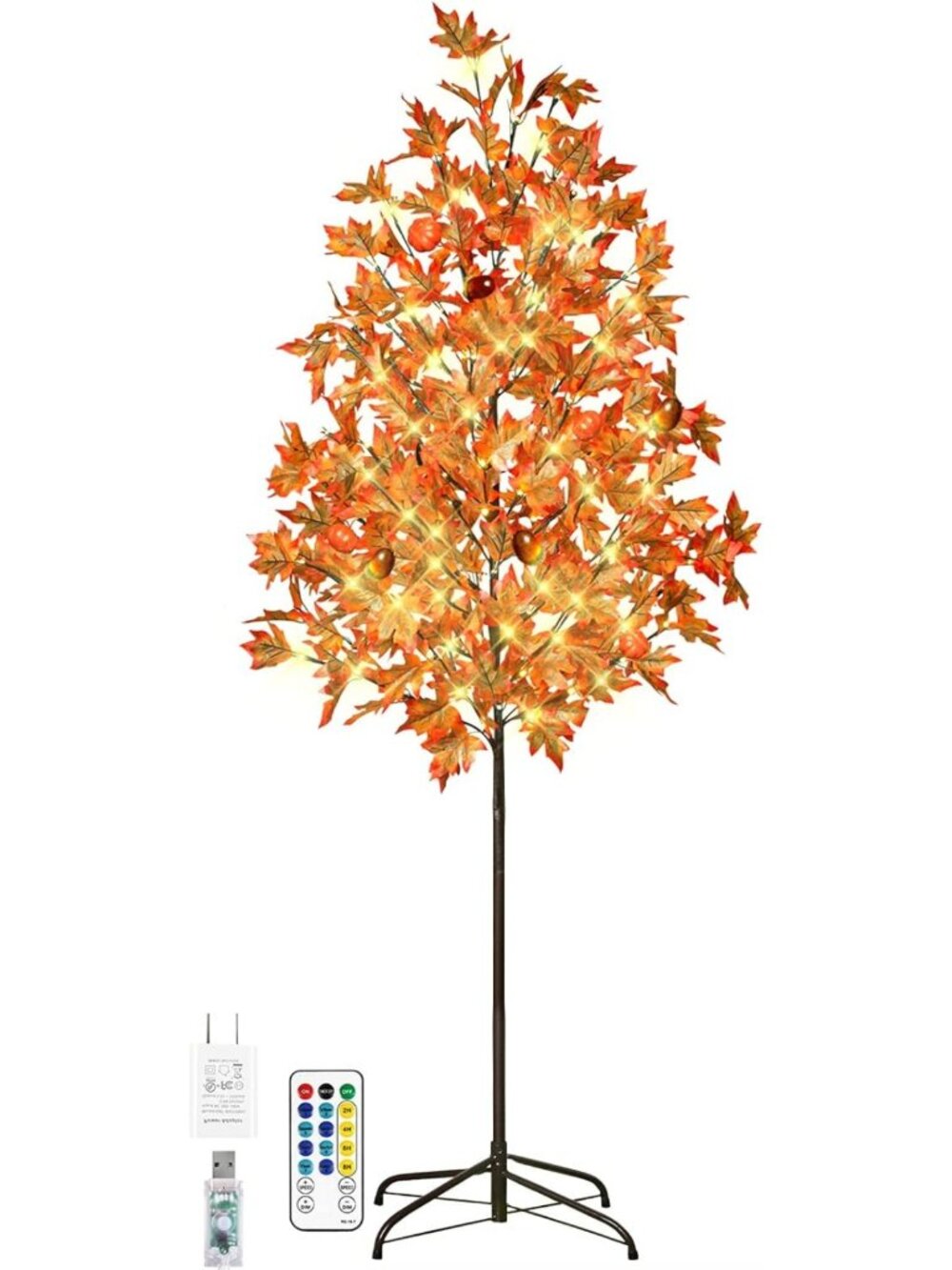 6FT LED Lighted Maple Tree - Fall Decor with 288 Leaves, Acorns & Pumpkins
